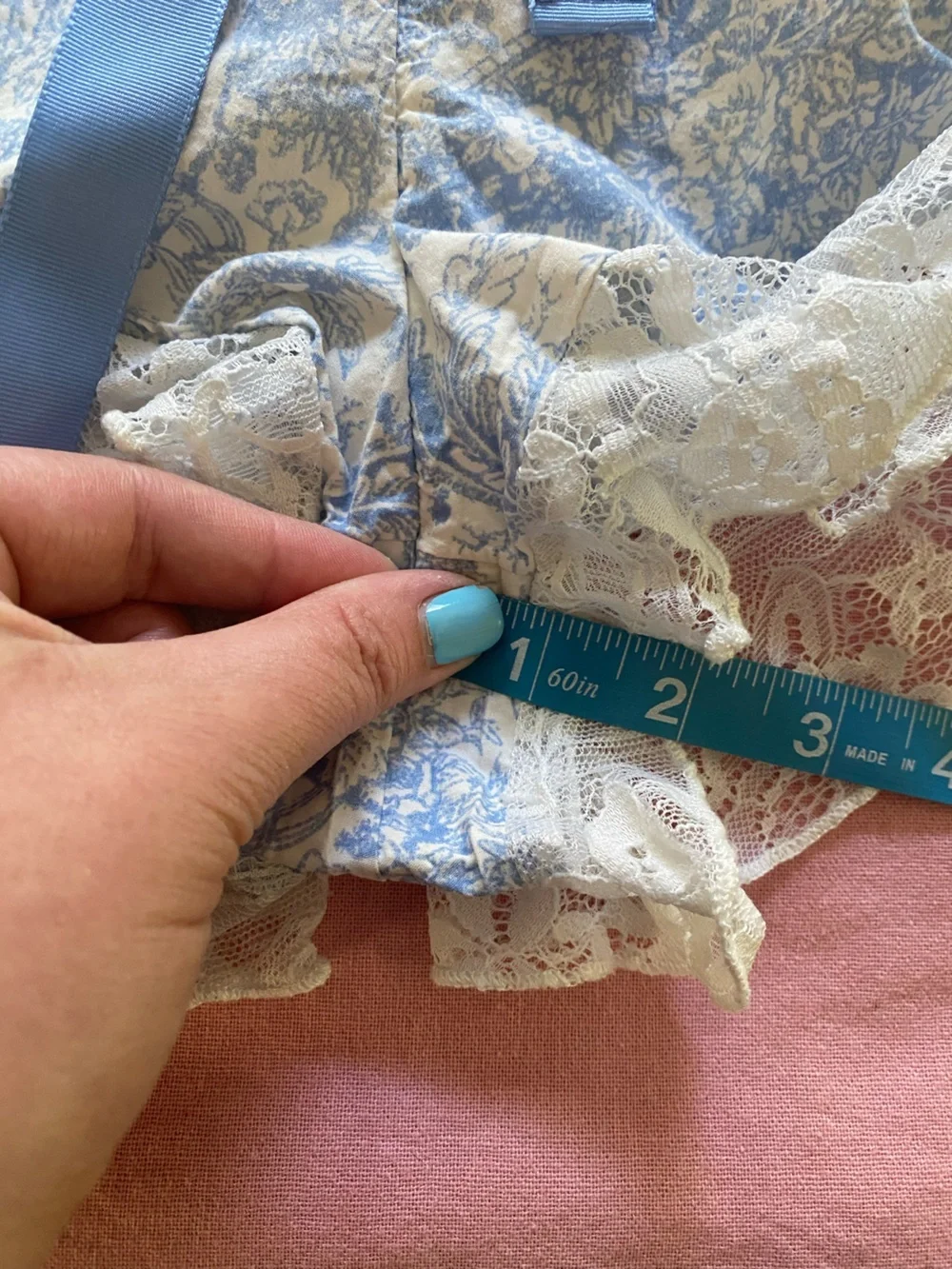 Anthropologie Blue White Toile Print Lace Trim Pajama Shorts Small
